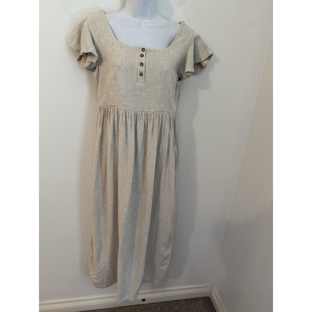 Albion Dress Maxi Hailey Beige Flutter Short Sleeve Smocking Coastal Beach L
